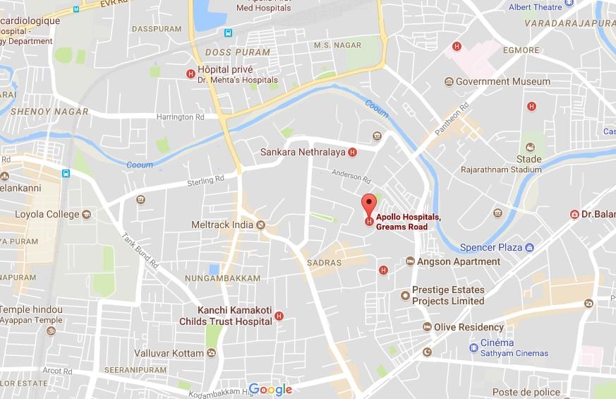 அப்பல்லோ மருத்துவமனை, சென்னை கிரீம்ஸ் சாலை வரைபடம்